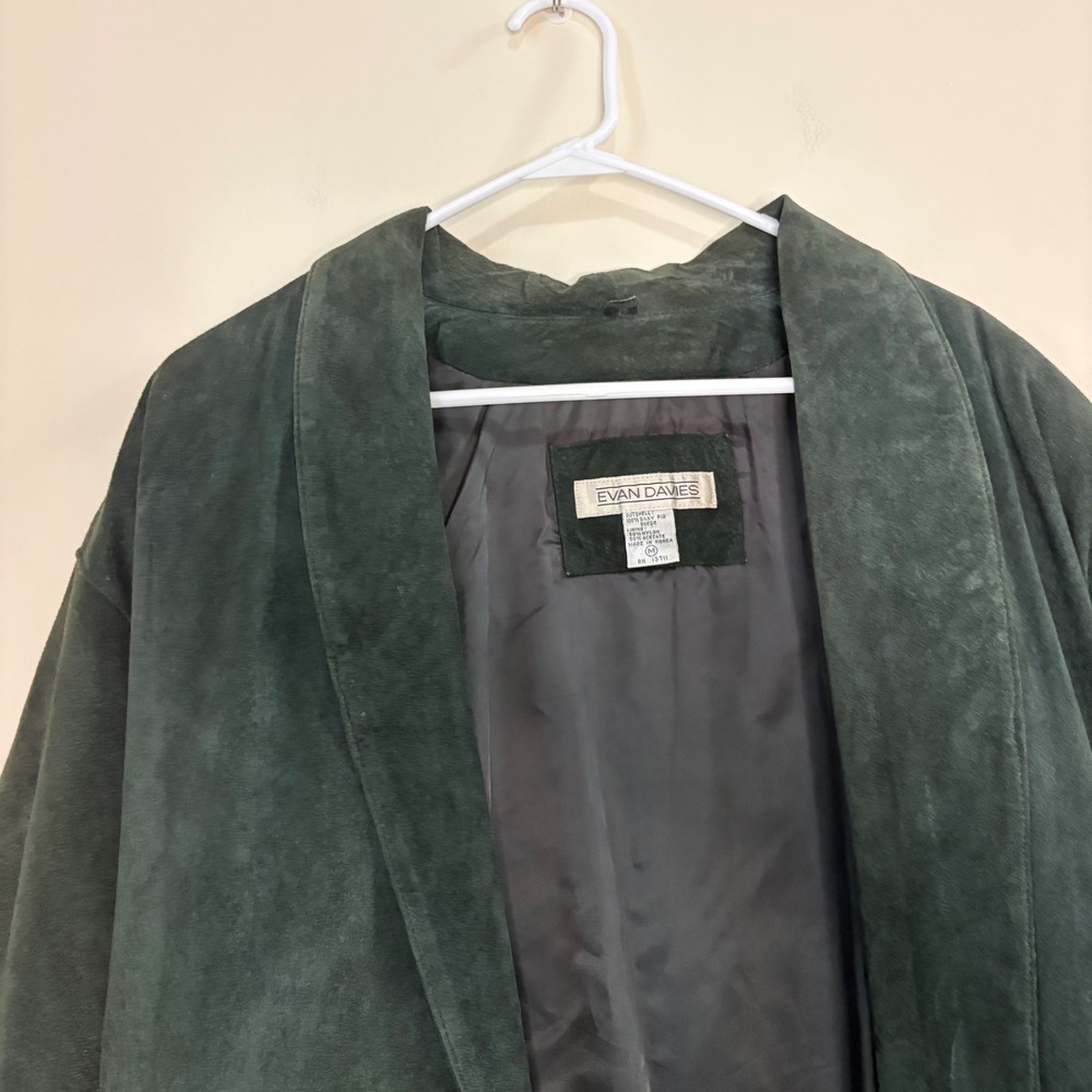 Vintage Evan Davies Suede Jacket Mens M Green Leather Coat Open Front 80s Retro - Picture 3 of 8